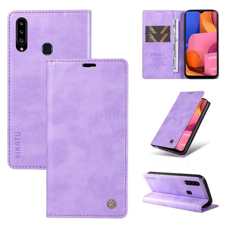 YIKATU Litchi Card Magnetic Automatic Suction Leather Flip Cover for Samsung Galaxy A20s - Purple