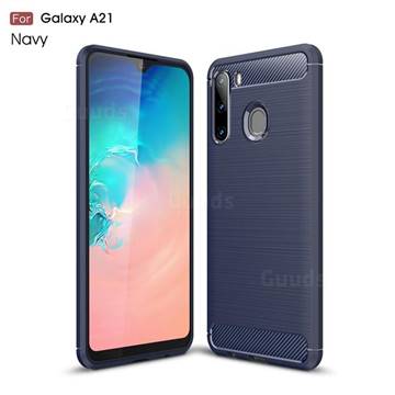 Luxury Carbon Fiber Brushed Wire Drawing Silicone TPU Back Cover for Samsung Galaxy A21 - Navy