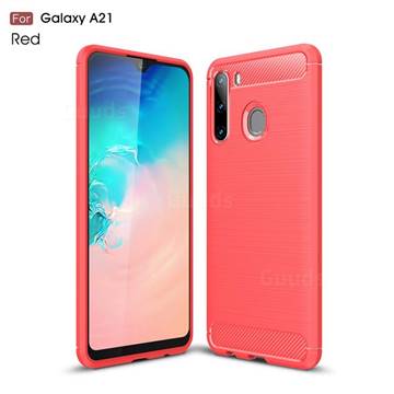 Luxury Carbon Fiber Brushed Wire Drawing Silicone TPU Back Cover for Samsung Galaxy A21 - Red