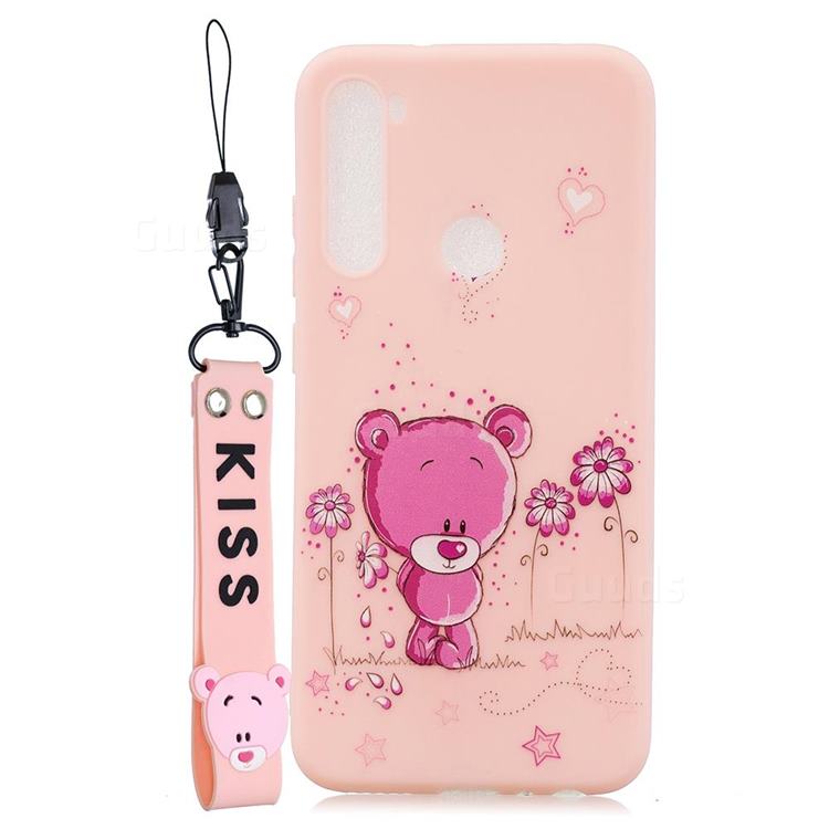 Pink Flower Bear Soft Kiss Candy Hand Strap Silicone Case for Samsung Galaxy A21