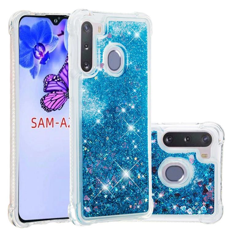 Dynamic Liquid Glitter Sand Quicksand TPU Case for Samsung Galaxy A21 - Blue Love Heart