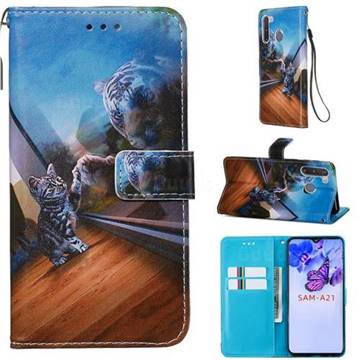 Mirror Cat Matte Leather Wallet Phone Case for Samsung Galaxy A21