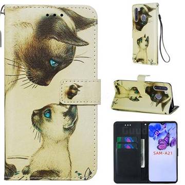 Cat Confrontation Matte Leather Wallet Phone Case for Samsung Galaxy A21