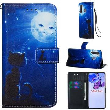 Cat and Moon Matte Leather Wallet Phone Case for Samsung Galaxy A21