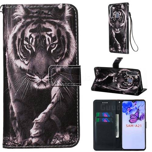 Black and White Tiger Matte Leather Wallet Phone Case for Samsung Galaxy A21