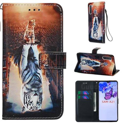Cat and Tiger Matte Leather Wallet Phone Case for Samsung Galaxy A21