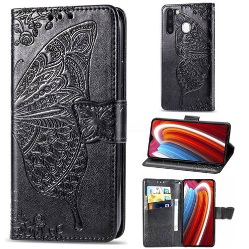 Embossing Mandala Flower Butterfly Leather Wallet Case for Samsung Galaxy A21 - Black