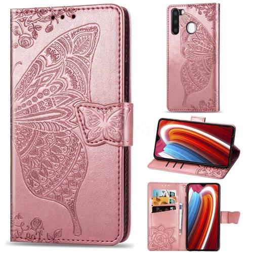 Embossing Mandala Flower Butterfly Leather Wallet Case for Samsung Galaxy A21 - Rose Gold