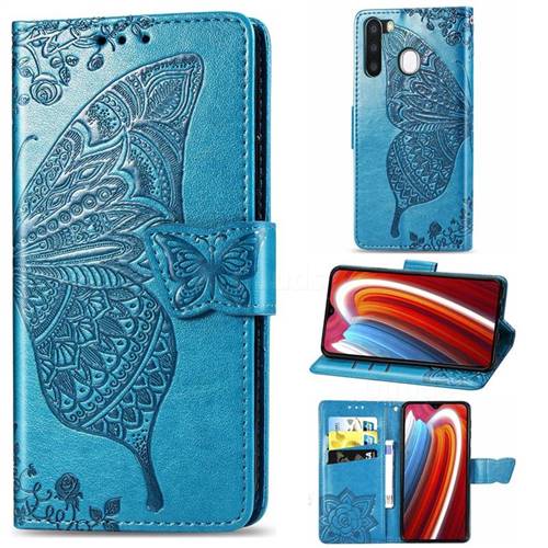 Embossing Mandala Flower Butterfly Leather Wallet Case for Samsung Galaxy A21 - Blue