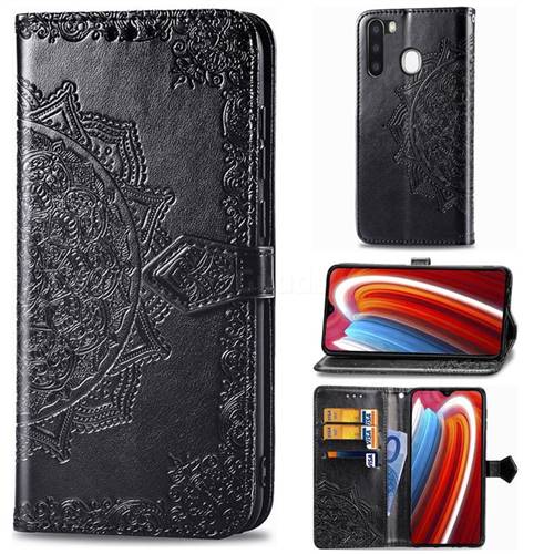 Embossing Imprint Mandala Flower Leather Wallet Case for Samsung Galaxy A21 - Black