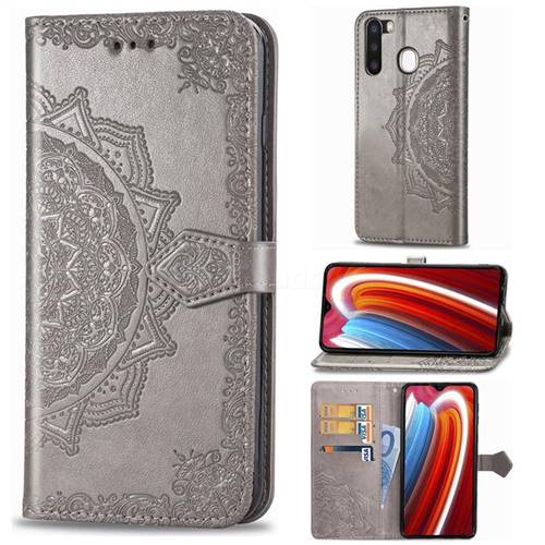 Embossing Imprint Mandala Flower Leather Wallet Case for Samsung Galaxy A21 - Gray