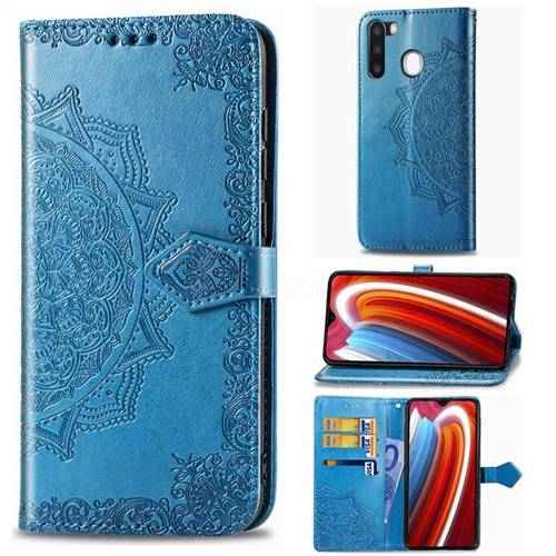 Embossing Imprint Mandala Flower Leather Wallet Case for Samsung Galaxy A21 - Blue