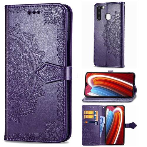 Embossing Imprint Mandala Flower Leather Wallet Case for Samsung Galaxy A21 - Purple