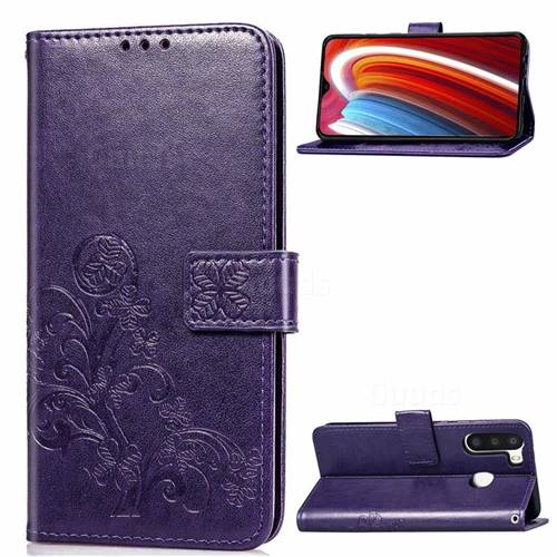 Embossing Imprint Four-Leaf Clover Leather Wallet Case for Samsung Galaxy A21 - Purple