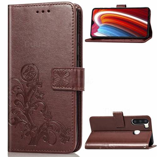 Embossing Imprint Four-Leaf Clover Leather Wallet Case for Samsung Galaxy A21 - Brown
