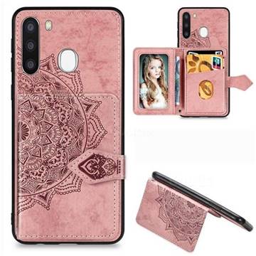 Mandala Flower Cloth Multifunction Stand Card Leather Phone Case for Samsung Galaxy A21 - Rose Gold
