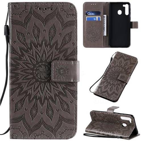 Embossing Sunflower Leather Wallet Case for Samsung Galaxy A21 - Gray
