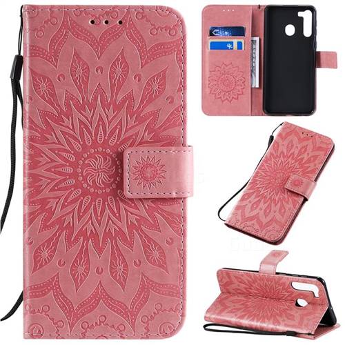 Embossing Sunflower Leather Wallet Case for Samsung Galaxy A21 - Pink