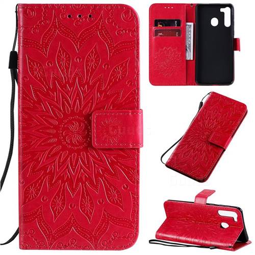 Embossing Sunflower Leather Wallet Case for Samsung Galaxy A21 - Red