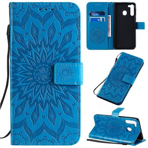 Embossing Sunflower Leather Wallet Case for Samsung Galaxy A21 - Blue