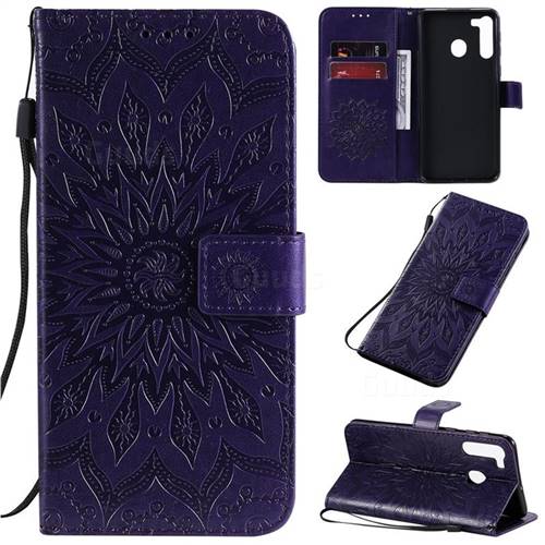 Embossing Sunflower Leather Wallet Case for Samsung Galaxy A21 - Purple