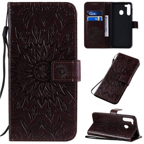 Embossing Sunflower Leather Wallet Case for Samsung Galaxy A21 - Brown