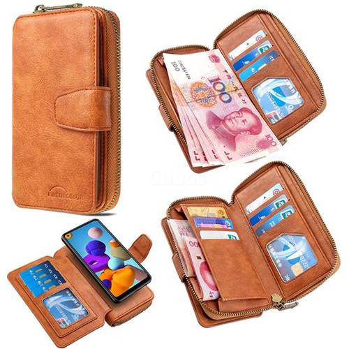 Binfen Color Retro Buckle Zipper Multifunction Leather Phone Wallet for Samsung Galaxy A21 - Brown
