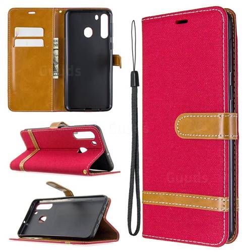 Jeans Cowboy Denim Leather Wallet Case for Samsung Galaxy A21 - Red
