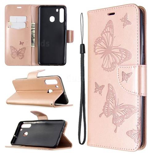 Embossing Double Butterfly Leather Wallet Case for Samsung Galaxy A21 - Rose Gold
