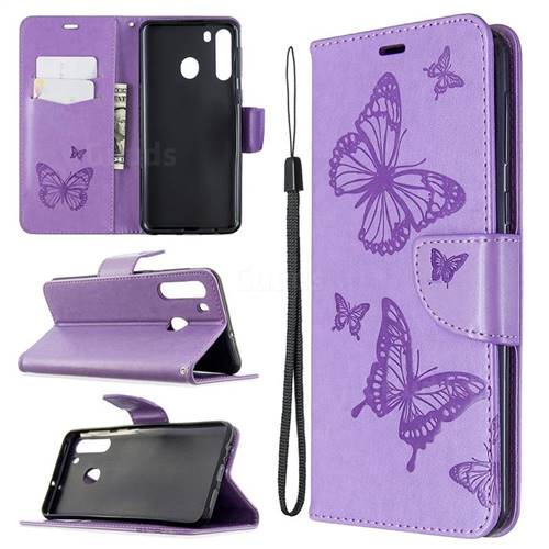 Embossing Double Butterfly Leather Wallet Case for Samsung Galaxy A21 - Purple