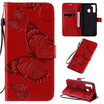 Embossing 3D Butterfly Leather Wallet Case for Samsung Galaxy A21 - Red