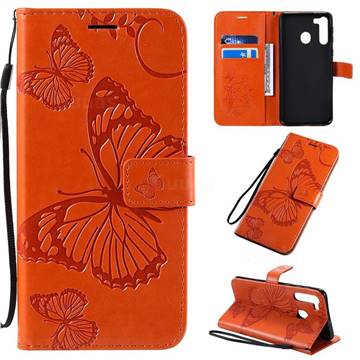 Embossing 3D Butterfly Leather Wallet Case for Samsung Galaxy A21 - Orange