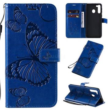 Embossing 3D Butterfly Leather Wallet Case for Samsung Galaxy A21 - Blue