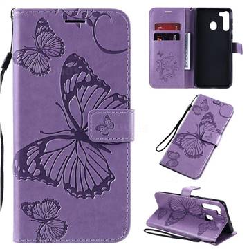Embossing 3D Butterfly Leather Wallet Case for Samsung Galaxy A21 - Purple