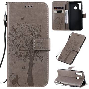 Embossing Butterfly Tree Leather Wallet Case for Samsung Galaxy A21 - Grey
