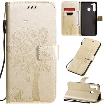 Embossing Butterfly Tree Leather Wallet Case for Samsung Galaxy A21 - Champagne