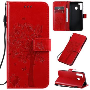 Embossing Butterfly Tree Leather Wallet Case for Samsung Galaxy A21 - Red