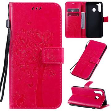 Embossing Butterfly Tree Leather Wallet Case for Samsung Galaxy A21 - Rose