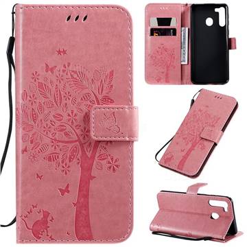 Embossing Butterfly Tree Leather Wallet Case for Samsung Galaxy A21 - Pink