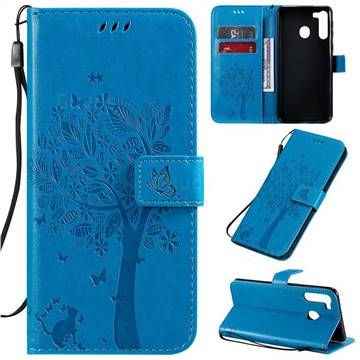 Embossing Butterfly Tree Leather Wallet Case for Samsung Galaxy A21 - Blue