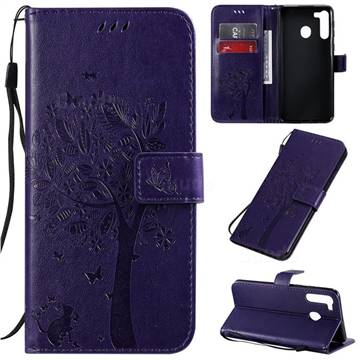 Embossing Butterfly Tree Leather Wallet Case for Samsung Galaxy A21 - Purple