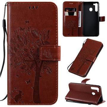 Embossing Butterfly Tree Leather Wallet Case for Samsung Galaxy A21 - Coffee