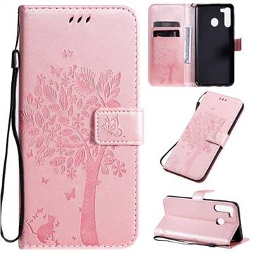 Embossing Butterfly Tree Leather Wallet Case for Samsung Galaxy A21 - Rose Pink