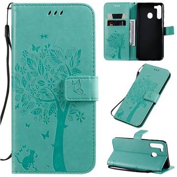 Embossing Butterfly Tree Leather Wallet Case for Samsung Galaxy A21 - Cyan