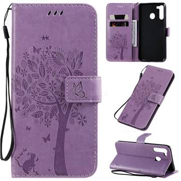 Embossing Butterfly Tree Leather Wallet Case for Samsung Galaxy A21 - Violet
