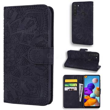 Retro Embossing Mandala Flower Leather Wallet Case for Samsung Galaxy A21 - Black
