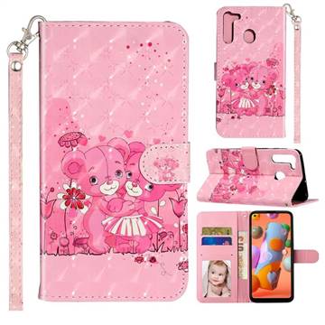 Pink Bear 3D Leather Phone Holster Wallet Case for Samsung Galaxy A21