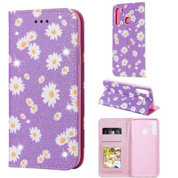 Ultra Slim Daisy Sparkle Glitter Powder Magnetic Leather Wallet Case for Samsung Galaxy A21 - Purple