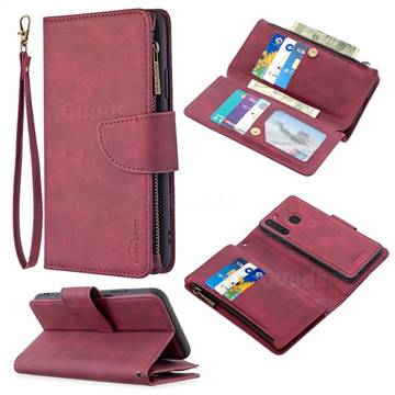 Binfen Color BF02 Sensory Buckle Zipper Multifunction Leather Phone Wallet for Samsung Galaxy A21 - Red Wine