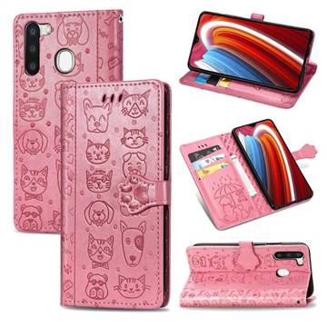 Embossing Dog Paw Kitten and Puppy Leather Wallet Case for Samsung Galaxy A21 - Pink